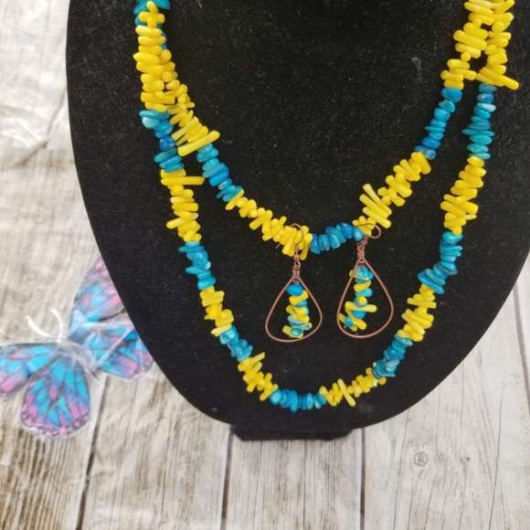 handmade Jewelry - Coral Chips Blue and Yellow African unique color